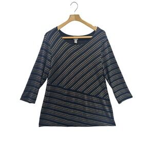 Travelers by Chico's Striped Sparkle‎ Top 3/4 Sleeve Blue Gold Size 2